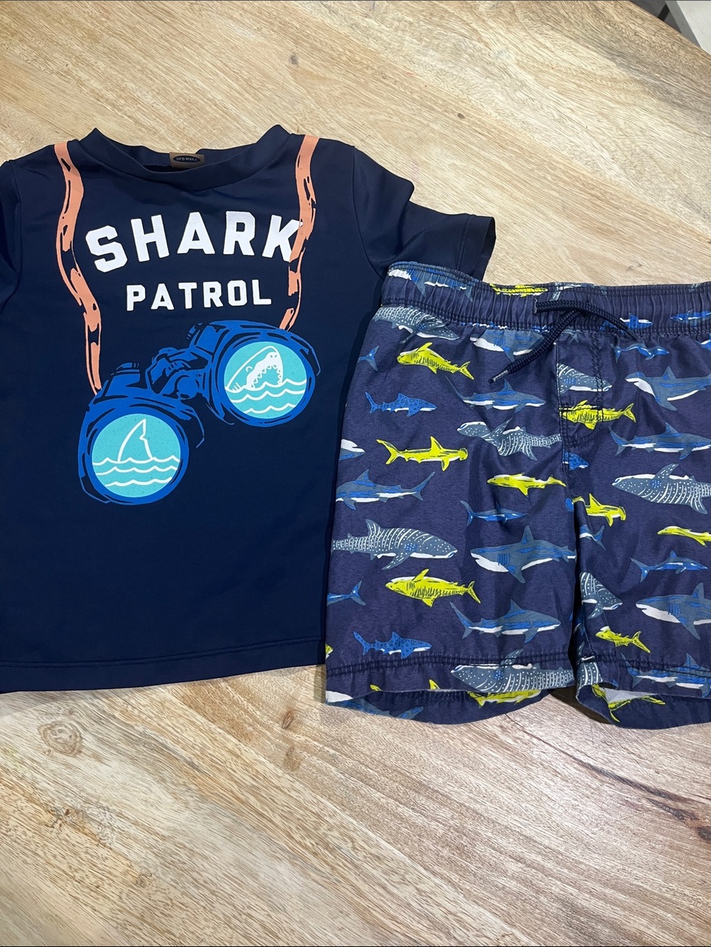 Old Navy Kids Navy Blue Shark Patrol Rash Guard and Swim Shorts